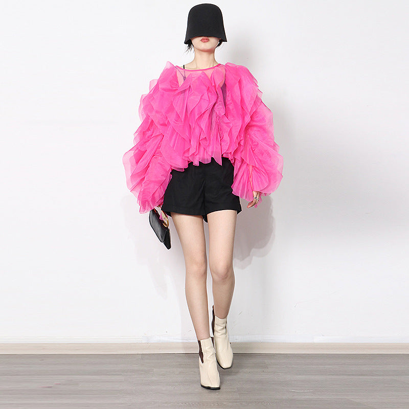 2025 fashion women's shirts  spring new design ruffle edge splicing solid color round neck Internet celebrity shirt