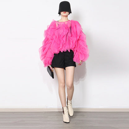 2025 fashion women's shirts  spring new design ruffle edge splicing solid color round neck Internet celebrity shirt