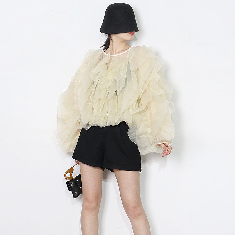 2025 fashion women's shirts  spring new design ruffle edge splicing solid color round neck Internet celebrity shirt