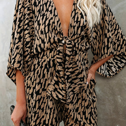 gbolsos  Plus Size Casual Romper, Women's Plus Polka Dot Striped Knot Front Deep V Neck Ribbed Half Sleeve Romper With Pockets