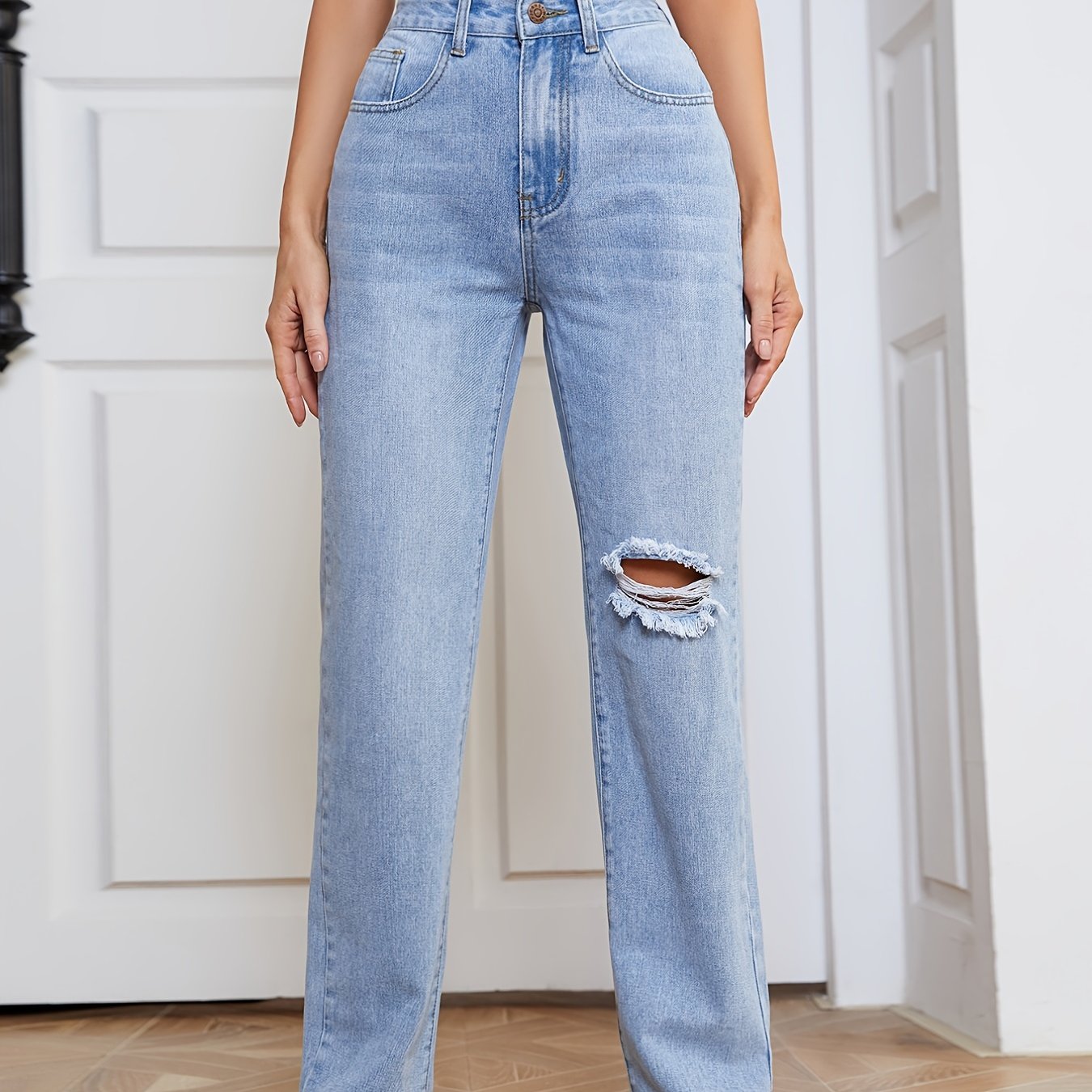 2025 gbolsos  Blue Raw Hem Straight Jeans, Ripped Loose Fit High Waist Slash Pockets High Rise Denim Pants, Women's Denim Jeans & Clothing
