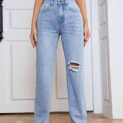 2025 gbolsos  Blue Raw Hem Straight Jeans, Ripped Loose Fit High Waist Slash Pockets High Rise Denim Pants, Women's Denim Jeans & Clothing