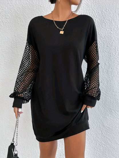 gbolsos  Contrast Mesh Solid Dress, Elegant Crew Neck Long Sleeve Dress, Women's Clothing