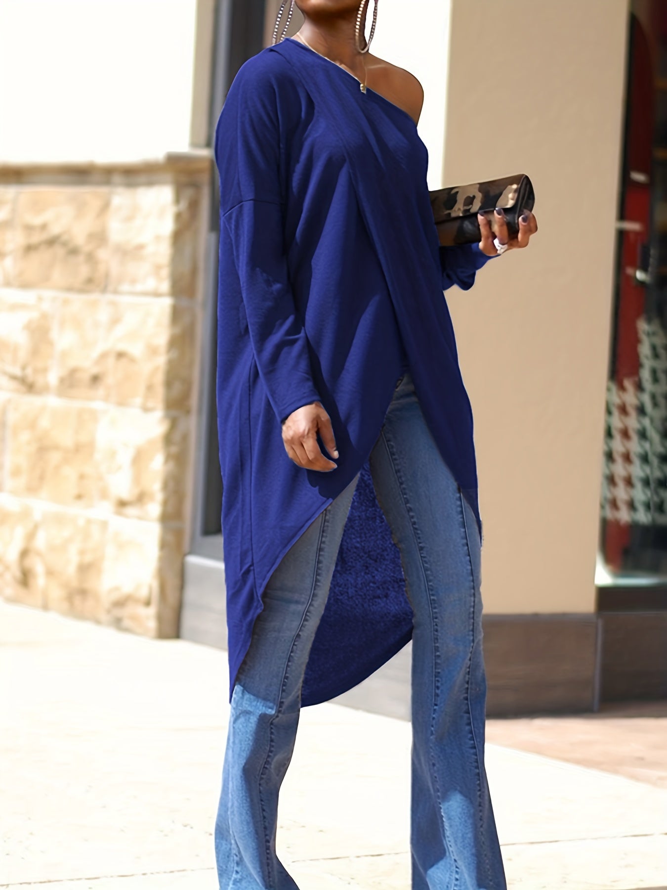 gbolsos  Irregular Slanted Round Neck T-shirt, Casual Loose Dipped Hem Long Sleeve Summer T-Shirts Tops, Women's Clothing