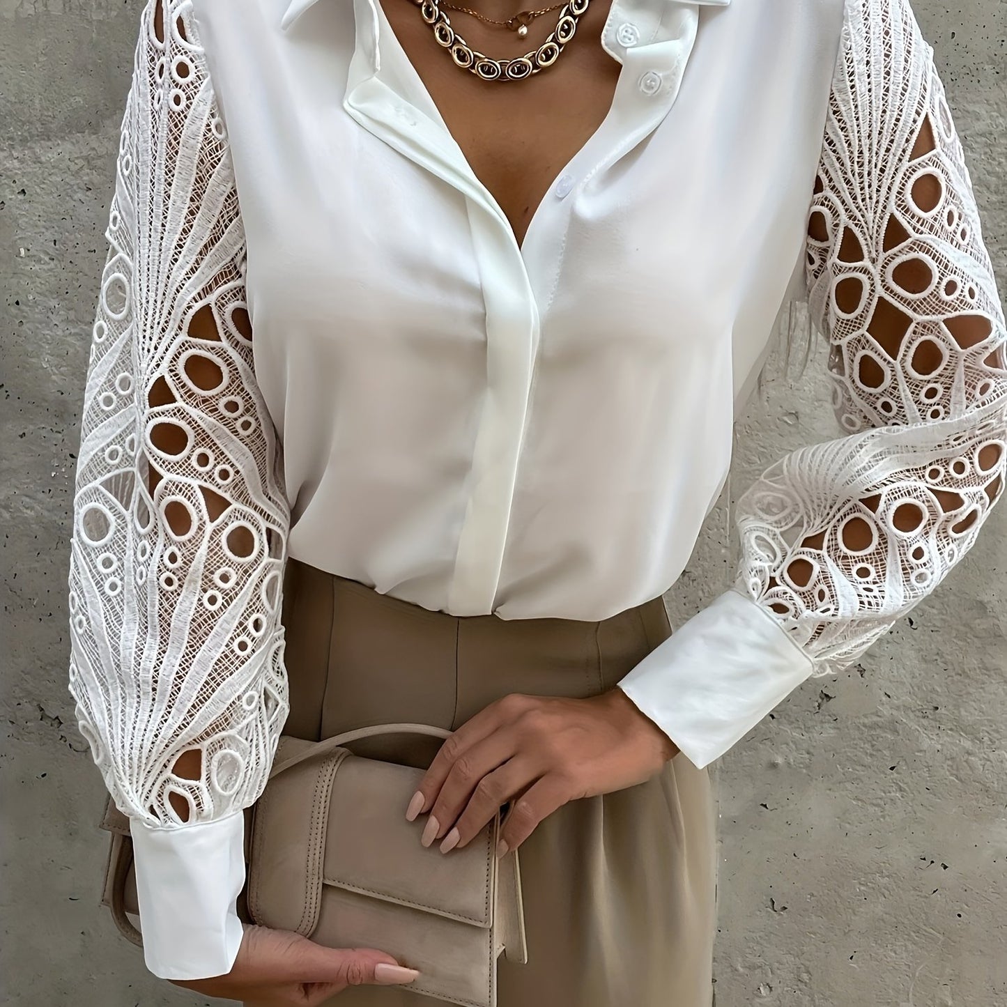 2025 elveswallet  Women's V-Neck Casual Blouse Lace Long Sleeve Shirt Lantern Sleeve Top Work Button T-Shirt