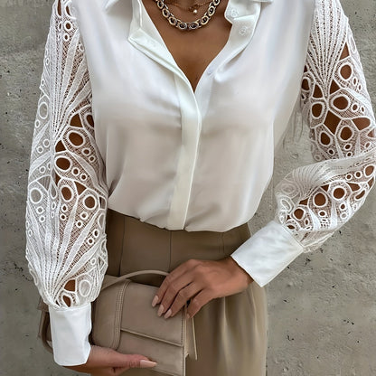 2025 elveswallet  Women's V-Neck Casual Blouse Lace Long Sleeve Shirt Lantern Sleeve Top Work Button T-Shirt