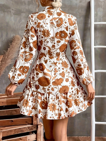 Floral Print Ruffle Hem Dress, Casual Button Front Lantern Sleeve Dress, Women's Clothing
