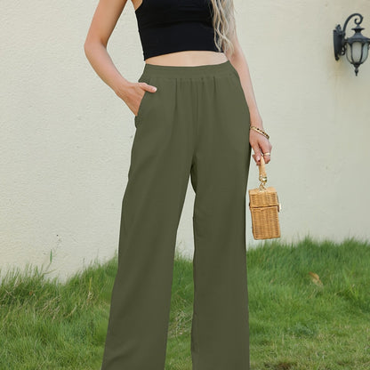 gbolsos  Solid Wide Leg Elastic Waist Pants, Casual Dual Pockets Loose Pants, Women's Clothing