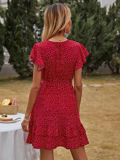 Polka Dot Flutter Sleeve Dress, Casual Layered Hem Dress For Spring & Summer, Women's Clothing