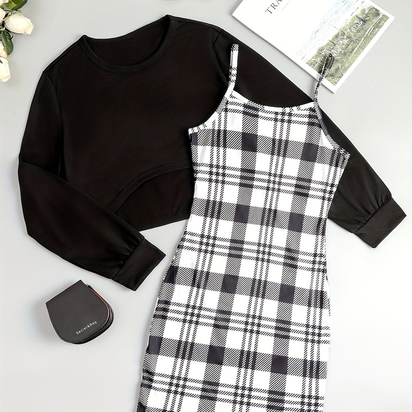 gbolsos  Casual Two-piece Dress Set, Asymmetrical Hem Long Sleeve Crop T-shirt & Plaid Pattern Cami Dress Outfits, Women's Clothing
