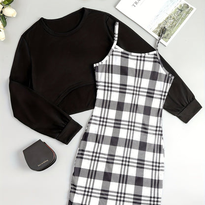 gbolsos  Casual Two-piece Dress Set, Asymmetrical Hem Long Sleeve Crop T-shirt & Plaid Pattern Cami Dress Outfits, Women's Clothing