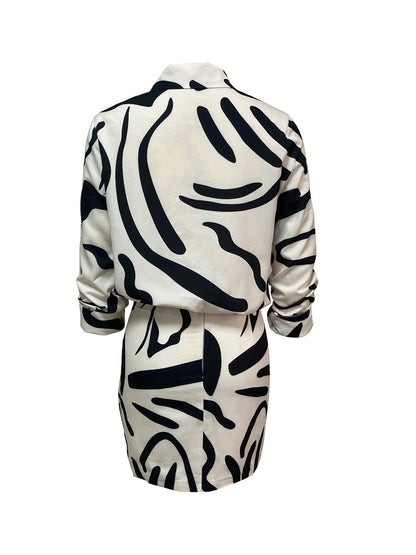 gbolsos  Abstract Print Casual Two-piece Set, Button Front Long Sleeve Tops & Bag Hip Skirts Outfits, Women's Clothing