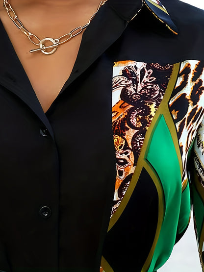 gbolsos  Plus Size Sexy Blouse, Women's Plus Colorblock Leopard Long Sleeve Turn Down Collar Bandana Hem Slight Stretch Blouse With Belt