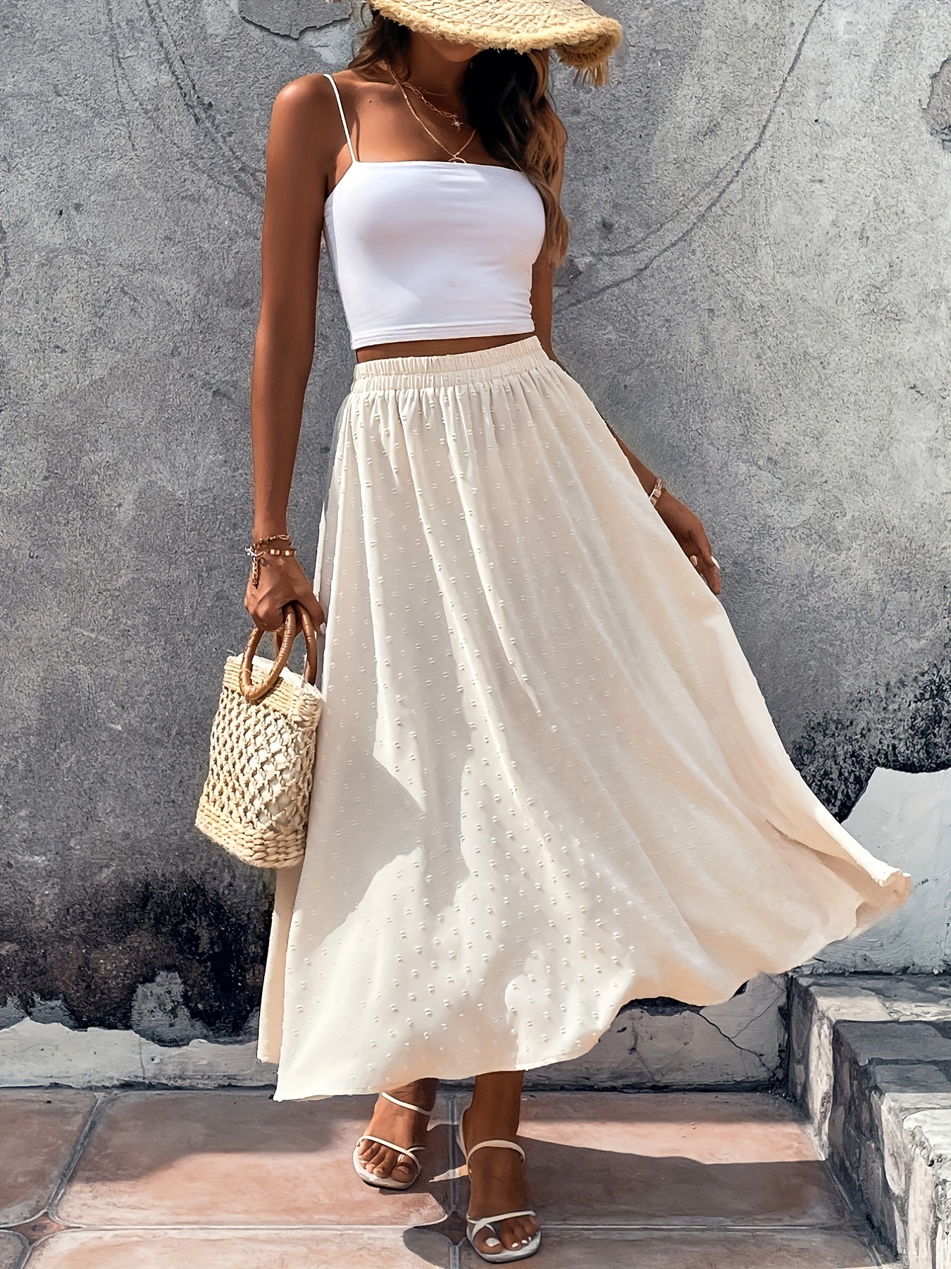 Swiss Dot Elastic Waist Skirt, Casual Ruffle Hem Skirt For Spring & Summer, Women's Clothing
