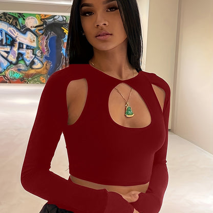 kkboxly  Sexy Cut Out Crop T-Shirt, Long Sleeve Loose Casual Top, Women's Clothing