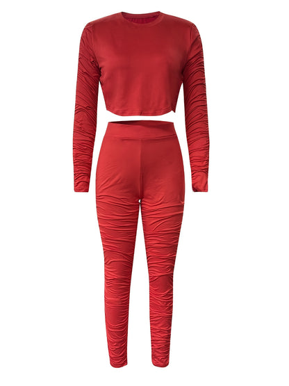 gbolsos  Casual Solid Two-piece Set, Long Sleeve Top & Pants Outfits, Women's Clothing