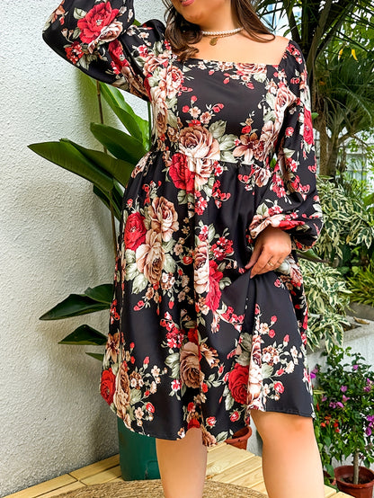 gbolsos  Plus Size Elegant Dress, Women's Plus Shirred Ditsy Floral Print Lantern Sleeve Square Neck Nipped Waist Dress