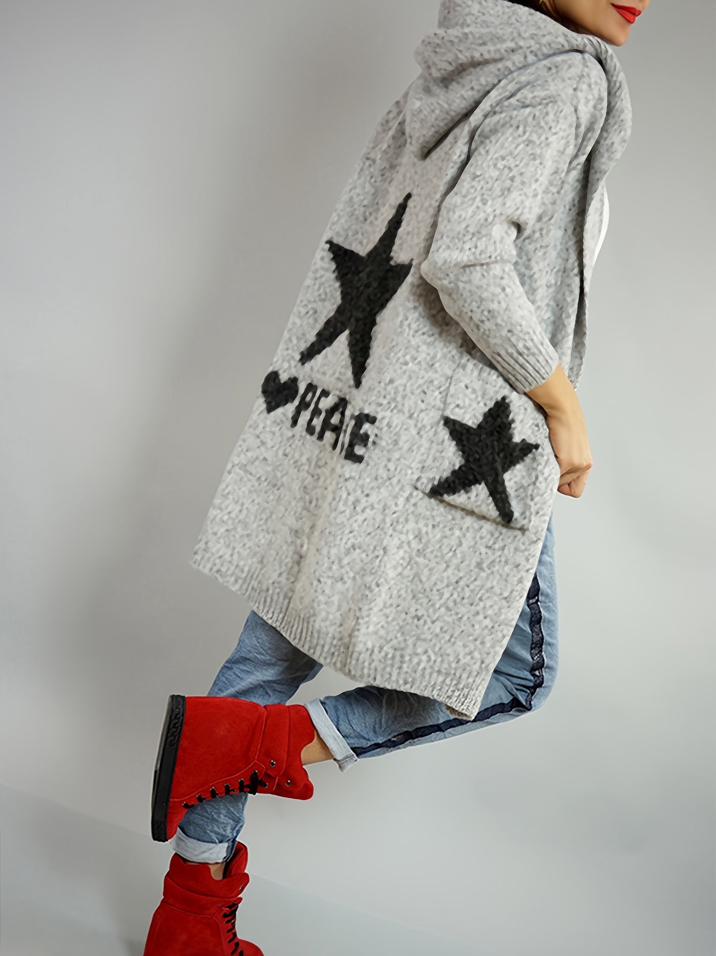 2025 gbolsos  Star & Peace Pattern Open Front Hooded Cardigan, Casual Long Sleeve Pocket Sweater Coat, Women's Clothing