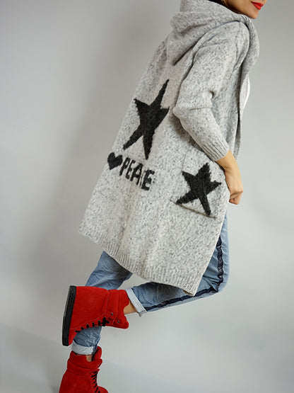 2025 gbolsos  Star & Peace Pattern Open Front Hooded Cardigan, Casual Long Sleeve Pocket Sweater Coat, Women's Clothing