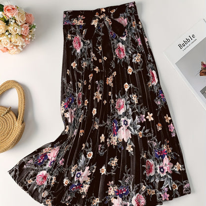 Vintage Floral Print Skirts, Elegant Pleated Tie Waist Daily Skirts, Women's Clothing