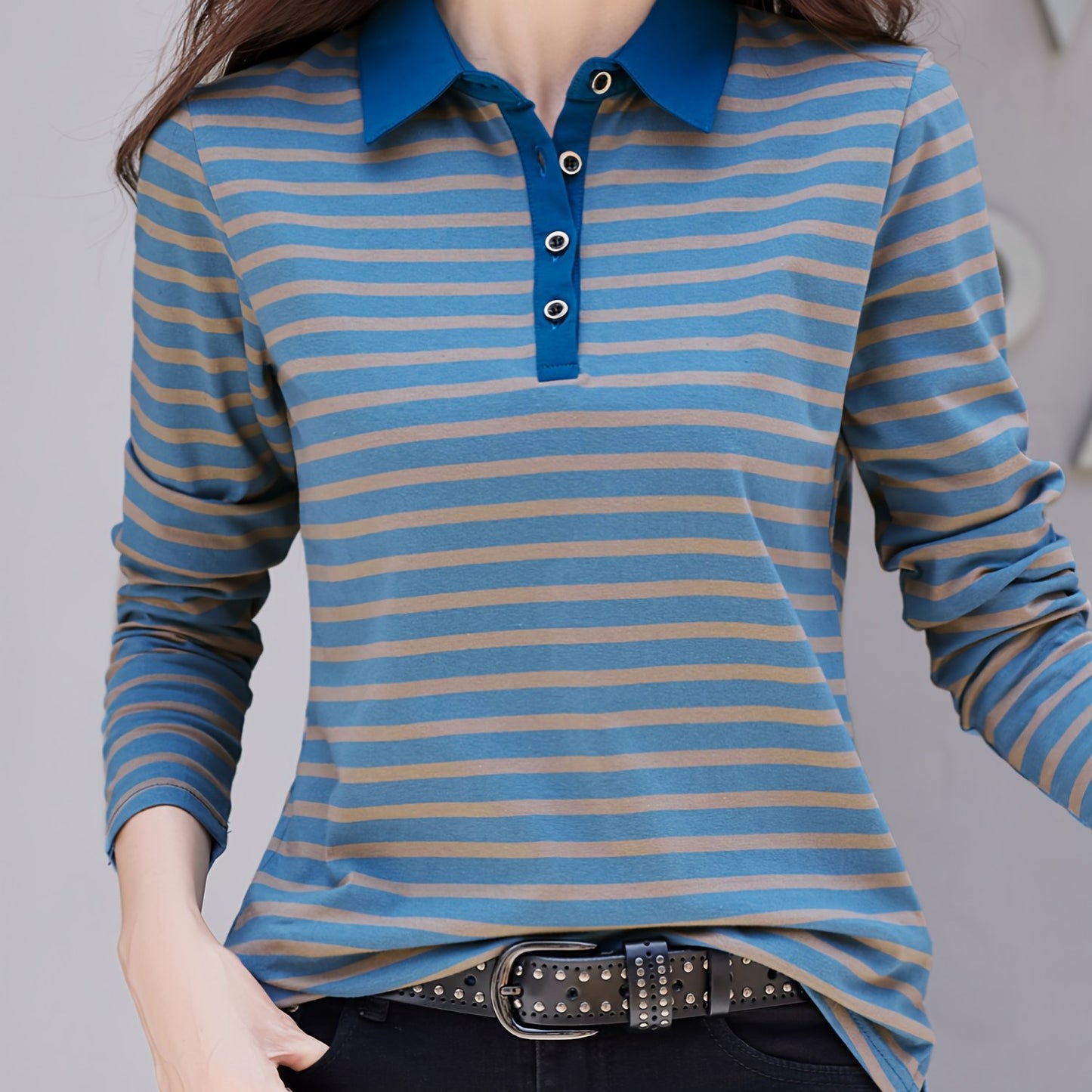 gbolsos  Striped Print Button Front T-Shirt, Casual Long Sleeve T-Shirt For Spring & Fall, Women's Clothing