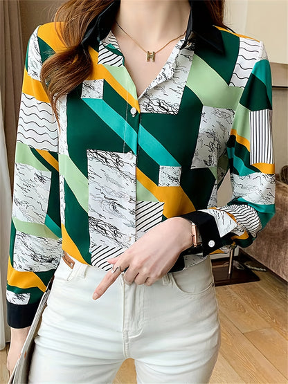 gbolsos  Colorblock Geometric Print Polo Collar Shirt, Casual Long Sleeve Shirt For Spring & Fall, Women's Clothing