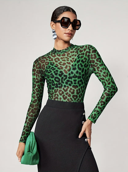 gbolsos  Leopard Print Crew Neck T-Shirt, Y2K Long Sleeve Skinny T-Shirt For Every Day, Women's Clothing