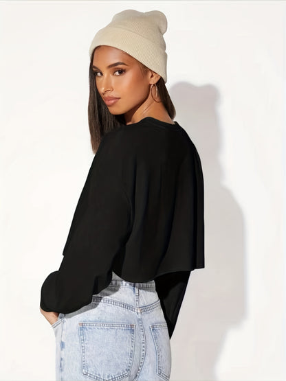 gbolsos  Drop Shoulder Crop Pullover Active Sweatshirt, Solid Long Sleeve Crew Neck Casual Sports Sweatshirt, Women's Tops