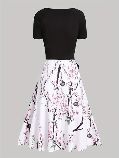 gbolsos  Elegant Two-piece Skirt Set, Short Sleeve Surplice Neck Belted Top & Floral Print Flared Skirt Outfits, Women's Clothing