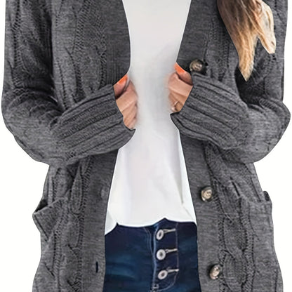 Cable Knit Button Front Cardigan, Casual Solid Long Sleeve Cardigan For Fall & Winter, Women's Clothing
