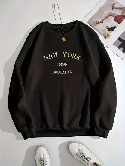 New York Brooklyn Print Loose Sweatshirt, Casual Long Sleeve Crew Neck Sweatshirt, Women's Clothing
