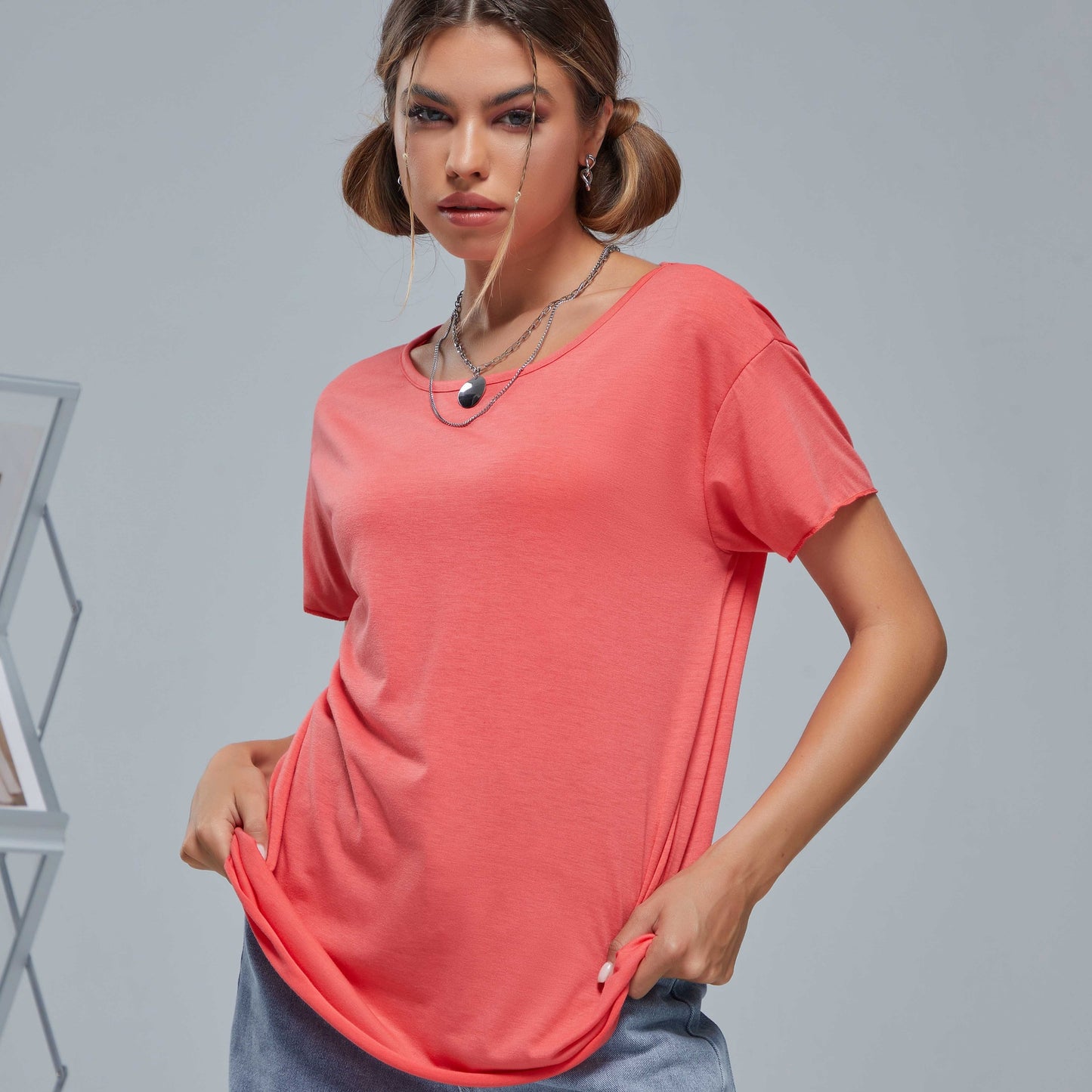 gbolsos  Solid Color Loose Short Sleeve T-shirt, Sports Fitness Yoga Running Top, Women's Activewear