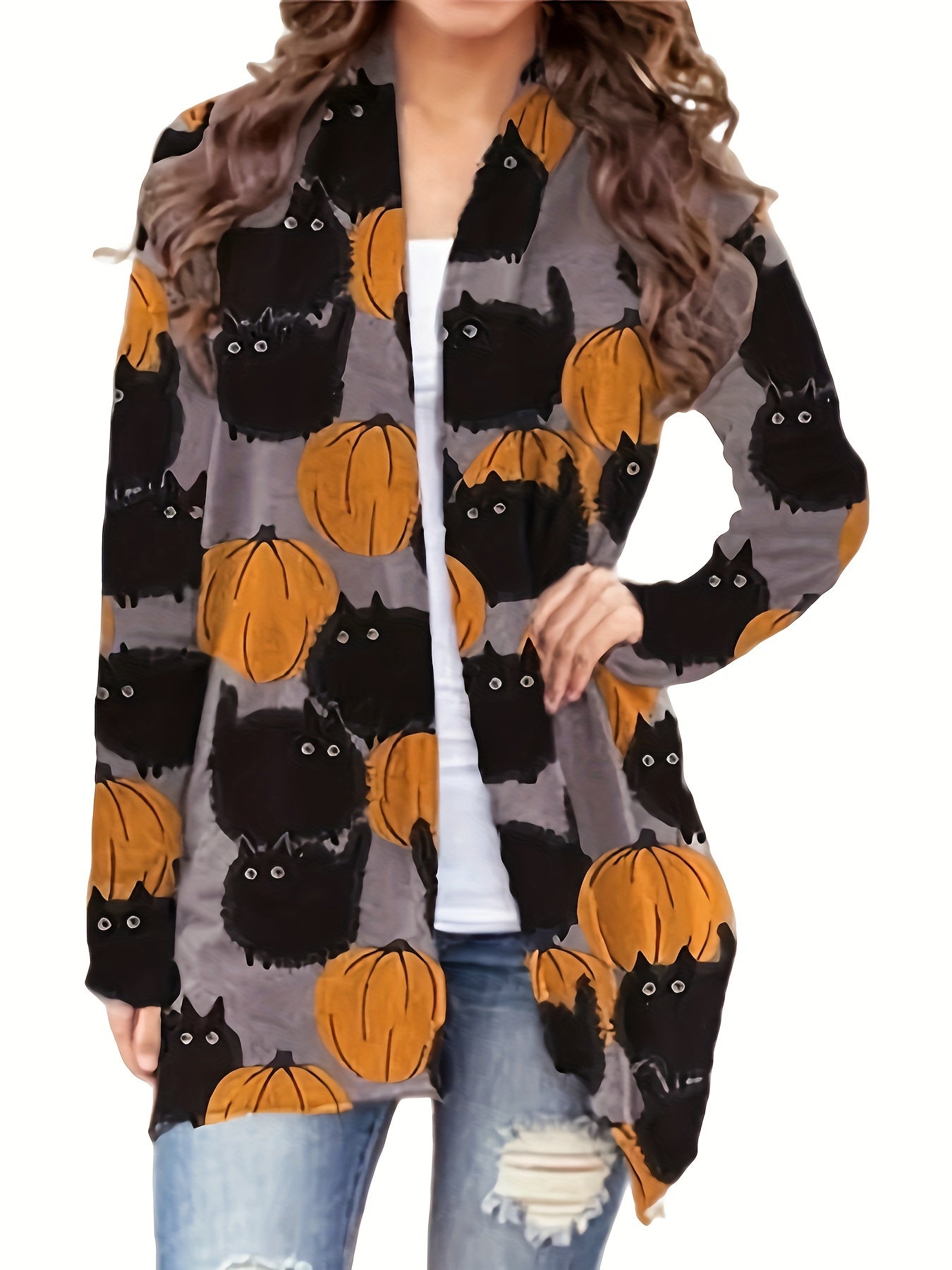 gbolsos  Halloween Allover Print Cardigan, Open Front Long Sleeve Cardigan For Spring & Fall, Women's Clothing