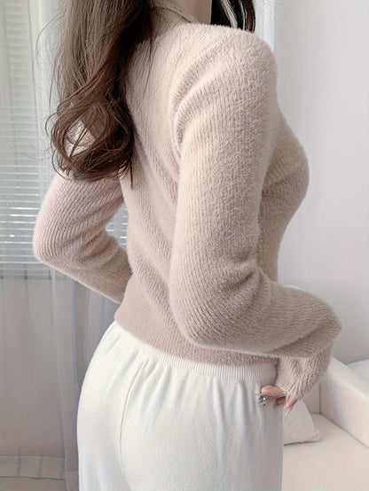 gbolsos  Solid Slim Halter Pullover Sweater, Casual Long Sleeve Cozy Sweater For Spring & Fall, Women's Clothing