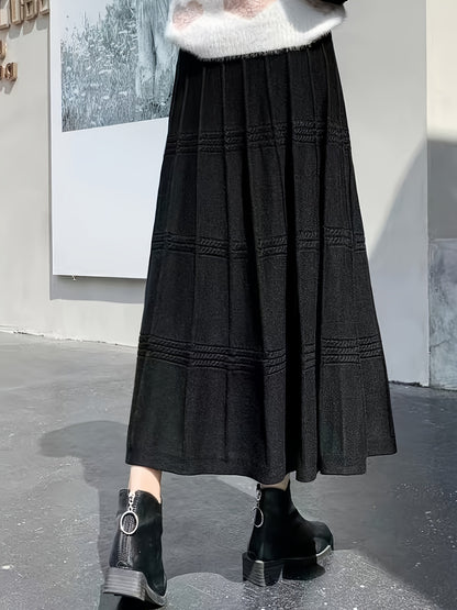 gbolsos  Solid Color Knit Tucked Skirt, Casual Ankle Length Skirt For Fall & Winter, Women's Clothing