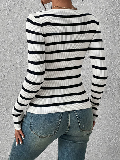 Striped Print Knit Sweater, Sexy Slim Crew Neck Long Sleeve Sweater, Women's Clothing