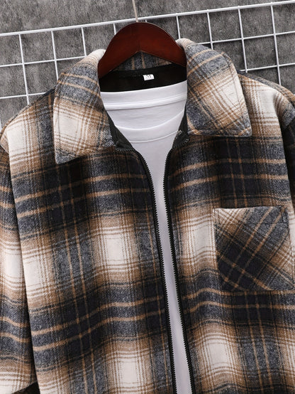 gbolsos  Men's Plaid Retro Jacket, Casual Lapel Chest Pocket Shirt Jacket For Fall Winter
