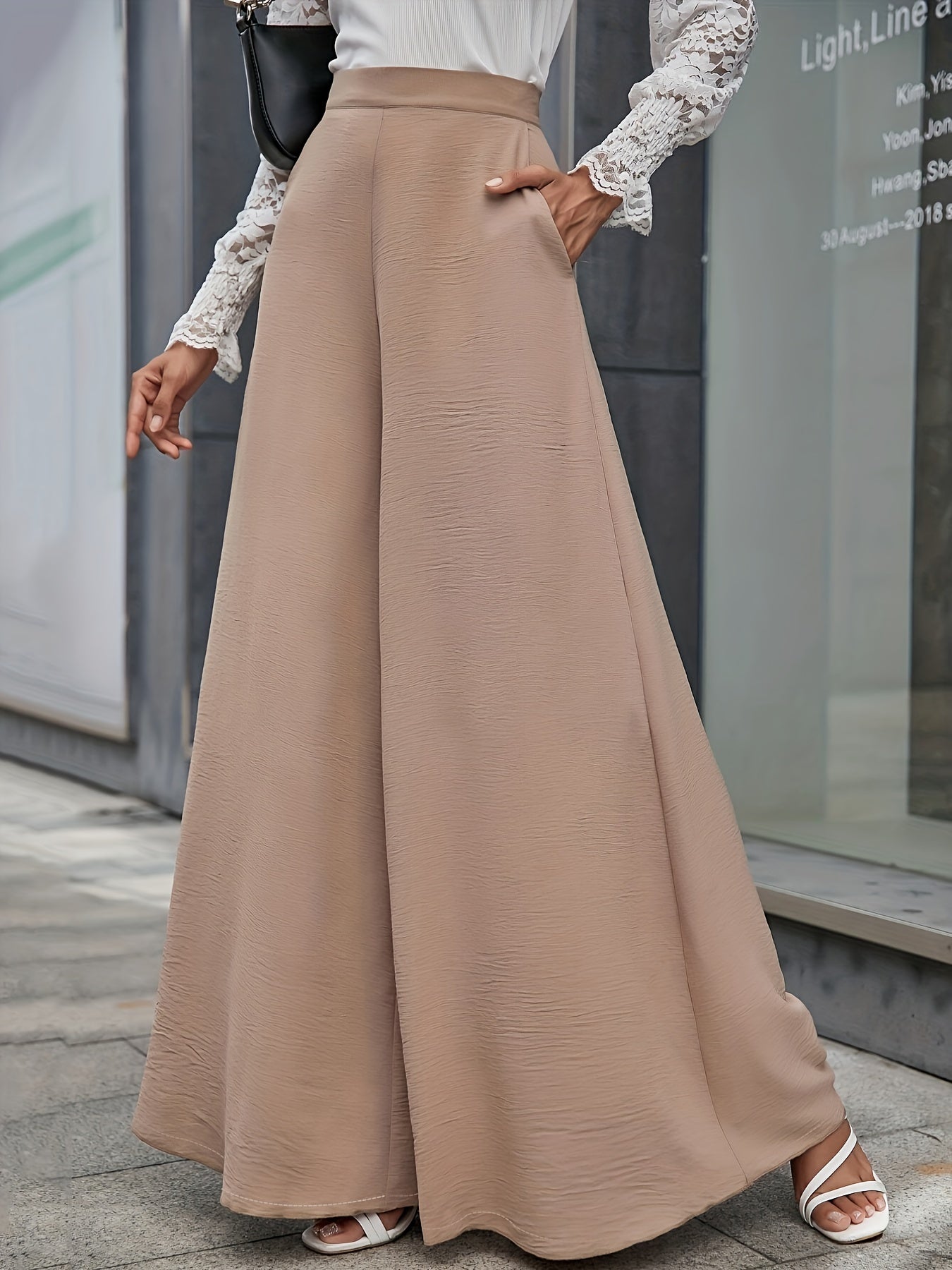 Solid High Waist Wide Leg Pants, Casual Floor Length Slant Pocket Pants, Women's Clothing