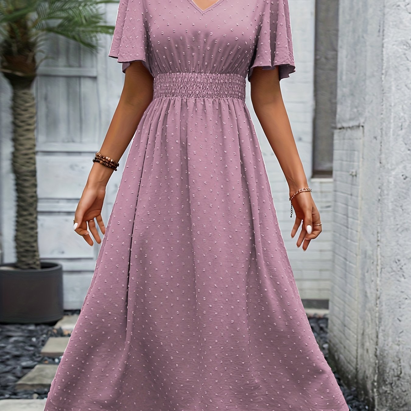 gbolsos  Swiss Dot Flutter Sleeve Dress, Elegant Shirred Waist V-neck Dress For Spring & Summer, Women's Clothing
