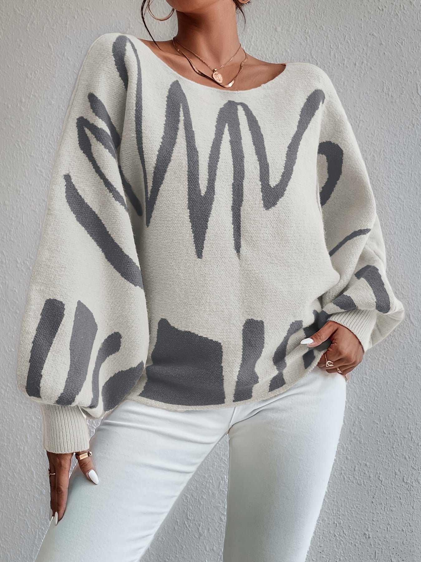 gbolsos  Graphic Pattern Boat Neck Pullover Sweater, Elegant Lantern Sleeve Oversized Sweater, Women's Clothing