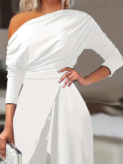 gbolsos  Ruched Split Jumpsuit, Casual Solid Long Sleeve Wide Leg Jumpsuit, Women's Clothing