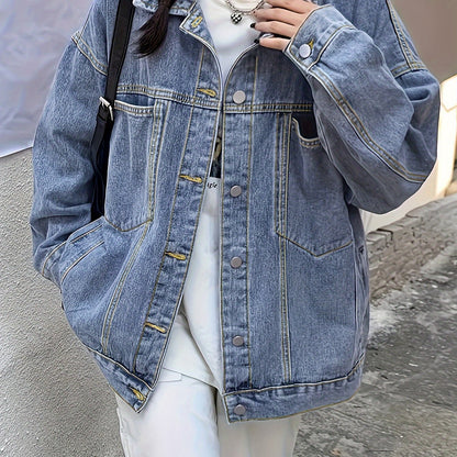 gbolsos  Plain Loose Fit Denim Jackets, Patch Pockets Long Sleeves Lapel Versatile Denim Coats, Women's Denim Clothing