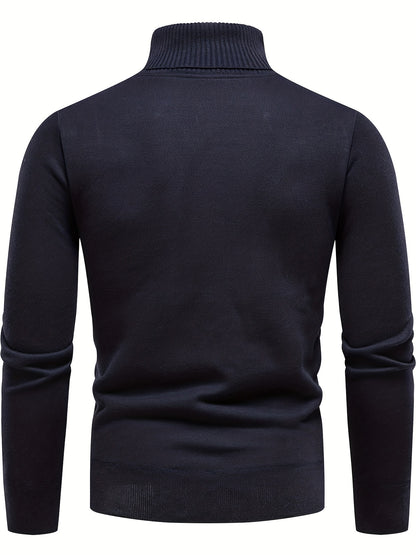 gbolsos  Turtle Neck Knitted Sweater, Men's Casual Warm Solid Color Mid Stretch Pullover Sweater For Fall Winter