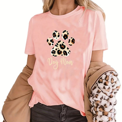 gbolsos  Women Funny Leopard Print Dog Mama Graphic Tee, Summer Casual Crew Neck T-shirt, Women's Clothing