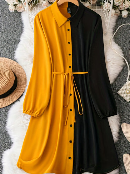 gbolsos  Color Block Button Front Shirt Dress, Casual Tie-waist Lantern Sleeve Lapel Dress For Spring & Fall, Women's Clothing