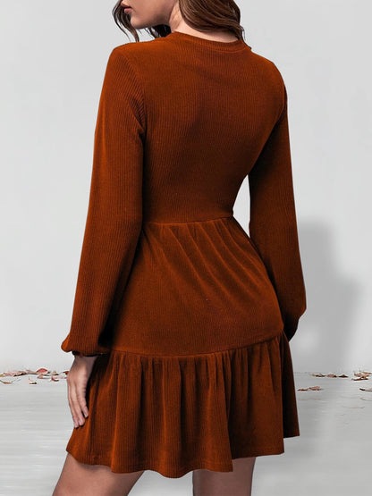 Solid Tiered Dress, Casual Crew Neck Long Sleeve Dress, Women's Clothing