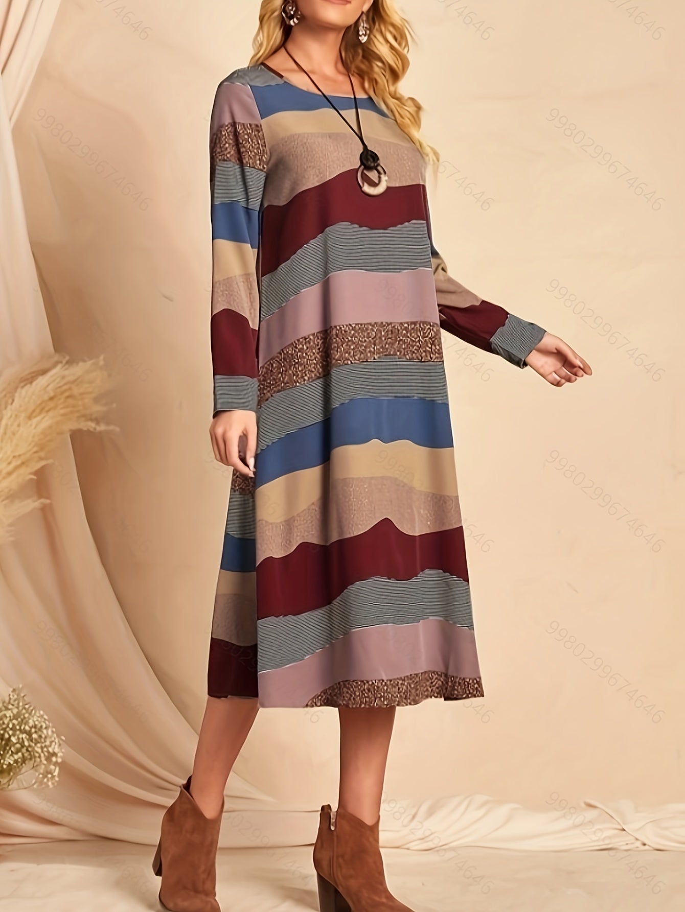 gbolsos Striped Crew Neck Dress, Elegant Long Sleeve Dress For Spring & Fall, Women's Clothing