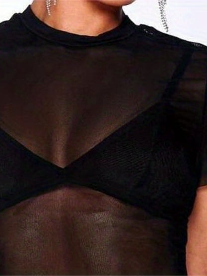 kkboxly  Solid Sheer T-shirt, Sexy Mock Neck Short Sleeve Summer Slim T-shirt, Women's Clothing