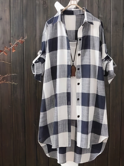 Plaid Print Dipped Hem Shirt, Casual Mid Length Button Front Turn Down Collar Long Sleeve Shirt, Women's Clothing