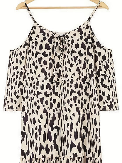 Leopard Print Cami Dress, Sexy Drawstring V Neck Ruffle Trim Dress, Women's Clothing